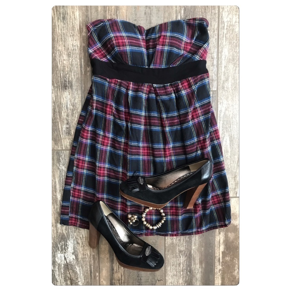 Solemio plaid flannel sweetheart strapless dress Jr size medium